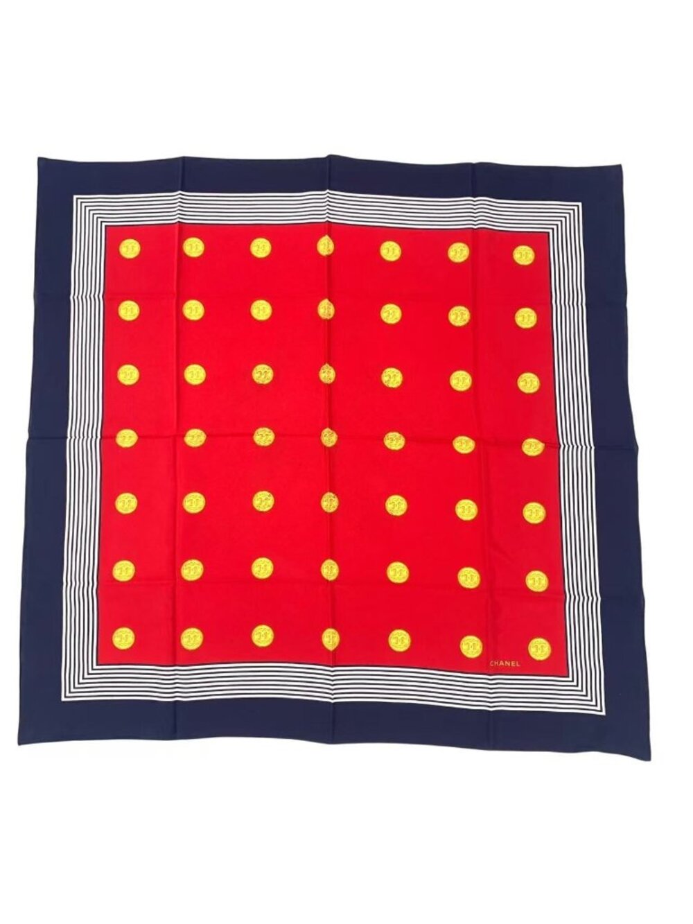 Chanel Scarf Silk CC Logo Gold Coin Pattern Red Multicolor